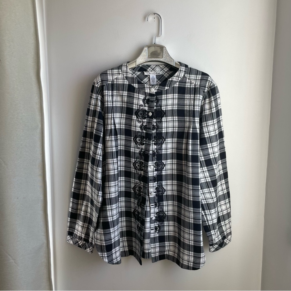Oscar de la Renta Women Black White Plaid Embroidered Button up Shirt-size M